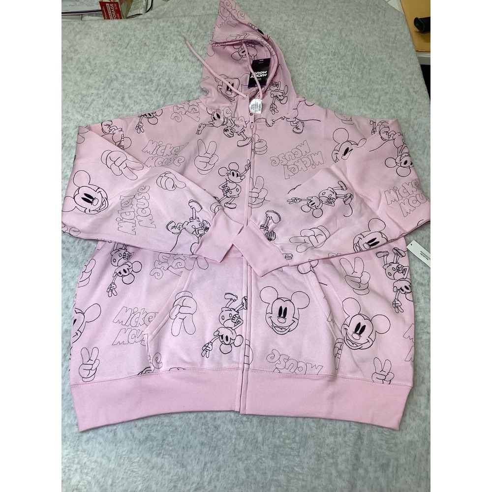 Disney Mickey Mouse Pink All Over Print Zip Up Hoodie Sweatshirt XXL NEW